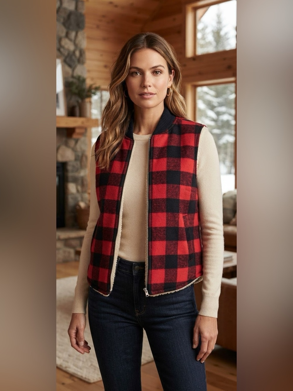 Thread & Supply Cozy White Sherpa Lined Buffalo Plaid Vest Size Medium